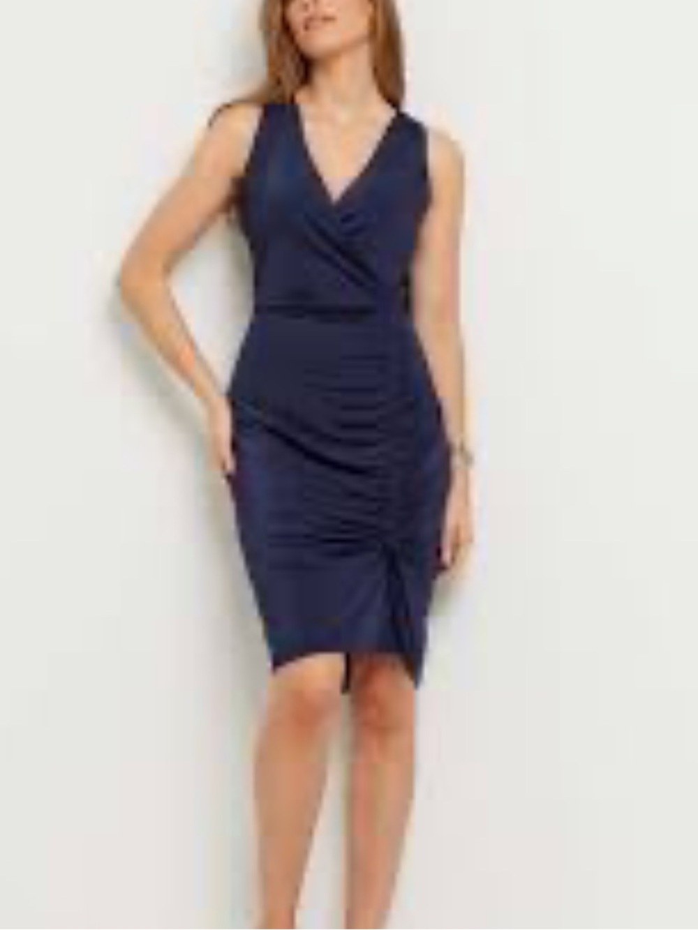 Velvet Sleeveless V-Neck Navy Ruched Women's Dress
